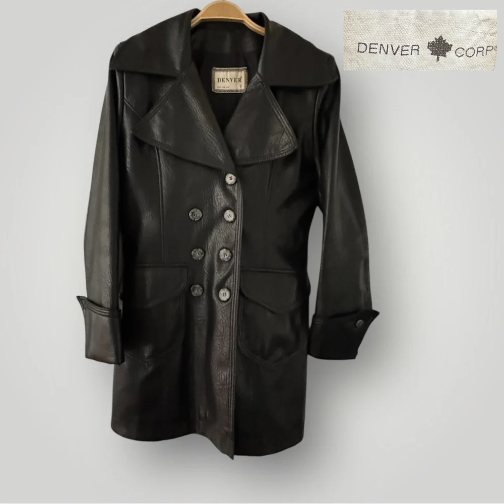DENVER Corp. Vintage Faux Leather Double-breasted Trench Coat - Picture 4 of 10